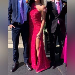 Berlinnova Hot Pink Mermaid Glitter One Shoulder Backless Prom Dress